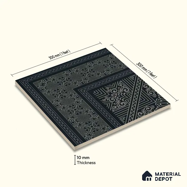 Moroccan Wall & Floor Carpet Corner Tile TL 11175 Noir Filigree 1 ft x 1 ft Ceramic Matte Finish Tile - 10 mm | Suitable For Kitchen, Bathroom, Living Room