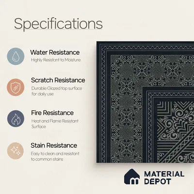 Moroccan Wall & Floor Carpet Corner Tile TL 11175 Noir Filigree 1 ft x 1 ft Ceramic Matte Finish Tile - 10 mm | Suitable For Kitchen, Bathroom, Living Room