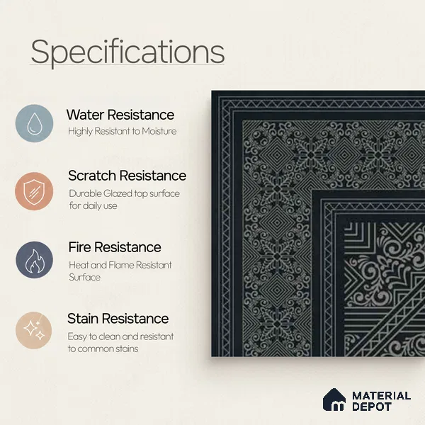 Moroccan Wall & Floor Carpet Corner Tile TL 11175 Noir Filigree 1 ft x 1 ft Ceramic Matte Finish Tile - 10 mm | Suitable For Kitchen, Bathroom, Living Room