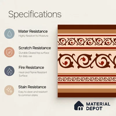 Moroccan Wall & Floor Carpet Border Tile TL 11177 Russet Filigree 1 ft x 1 ft Ceramic Matte Finish Tile - 10 mm | Suitable For Kitchen, Bathroom, Living Room