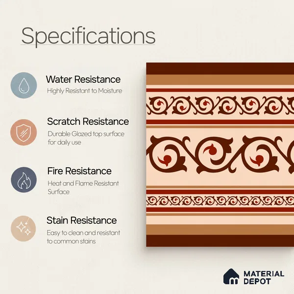 Moroccan Wall & Floor Carpet Border Tile TL 11177 Russet Filigree 1 ft x 1 ft Ceramic Matte Finish Tile - 10 mm | Suitable For Kitchen, Bathroom, Living Room