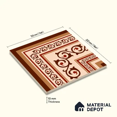Moroccan Wall & Floor Carpet Corner Tile TL 11178 Russet Arabesque 1 ft x 1 ft Ceramic Matte Finish Tile - 10 mm | Suitable For Kitchen, Bathroom, Living Room