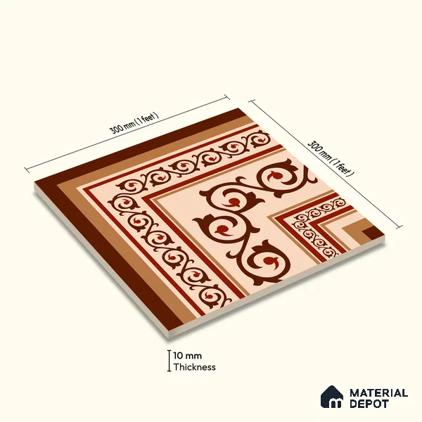 Moroccan Wall & Floor Carpet Corner Tile TL 11178 Russet Arabesque 1 ft x 1 ft Ceramic Matte Finish Tile - 10 mm | Suitable For Kitchen, Bathroom, Living Room
