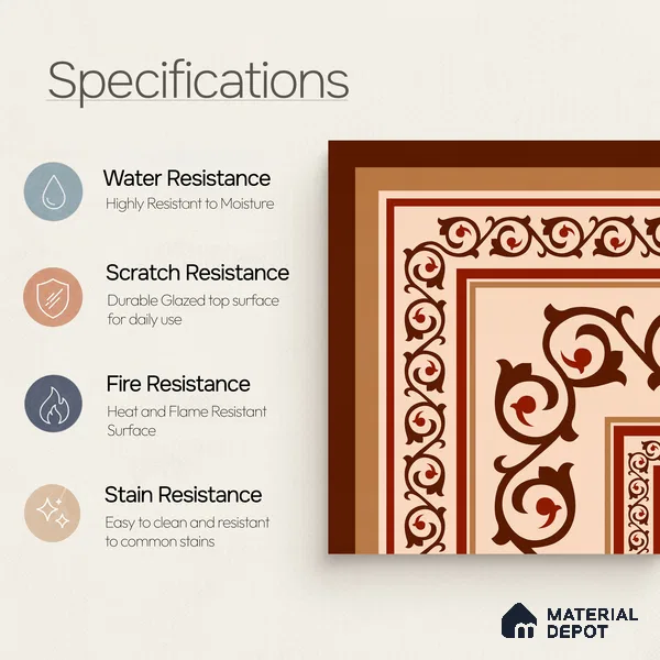 Moroccan Wall & Floor Carpet Corner Tile TL 11178 Russet Arabesque 1 ft x 1 ft Ceramic Matte Finish Tile - 10 mm | Suitable For Kitchen, Bathroom, Living Room