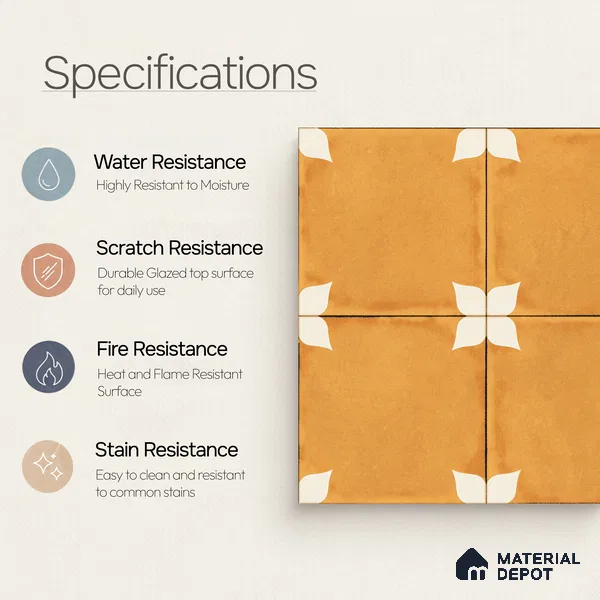 Moroccan Wall & Floor Athangudi Highlighter Tile TL 11181 Saffron Petal 1 ft x 1 ft Ceramic Matte Finish Tile - 10 mm | Suitable For Kitchen, Bathroom, Balcony
