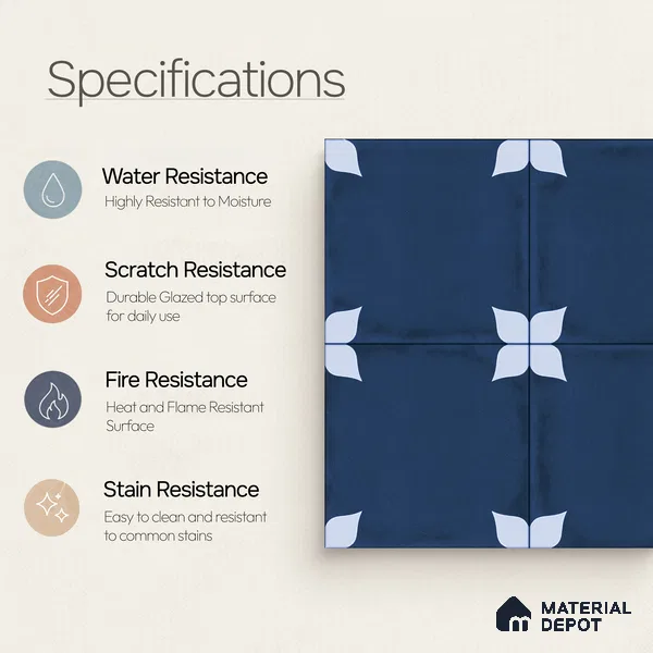 Moroccan Wall & Floor Athangudi Highlighter Tile TL 11182 Indigo Petal 1 ft x 1 ft Ceramic Matte Finish Tile - 10 mm | Suitable For Kitchen, Bathroom, Balcony