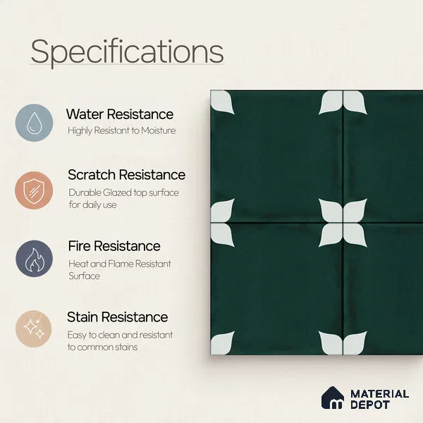 Moroccan Wall & Floor Athangudi Highlighter Tile TL 11183 Verdant Petal 1 ft x 1 ft Ceramic Matte Finish Tile - 10 mm | Suitable For Kitchen, Bathroom, Balcony