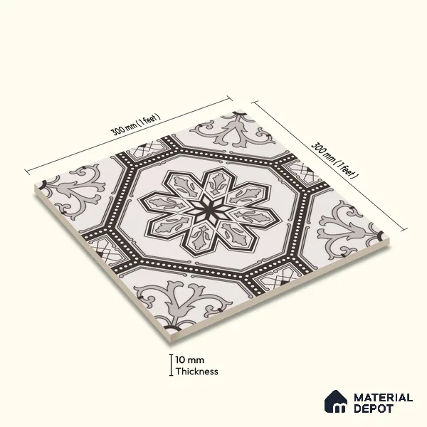 Moroccan Wall & Floor Tile TL 11186 Ornate Star 1 ft x 1 ft Ceramic Matte Finish Tile - 10 mm | Suitable For Kitchen, Bathroom, Balcony