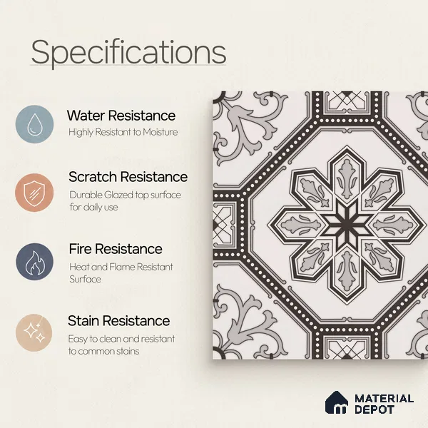 Moroccan Wall & Floor Tile TL 11186 Ornate Star 1 ft x 1 ft Ceramic Matte Finish Tile - 10 mm | Suitable For Kitchen, Bathroom, Balcony