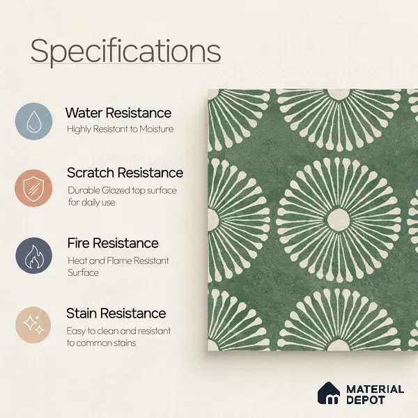 Moroccan Wall & Floor Highlighter 1 Tile TL 11188 Verdant Bloom 1 ft x 1 ft Ceramic Matte Finish Tile - 10 mm | Suitable For Kitchen, Bathroom, Balcony