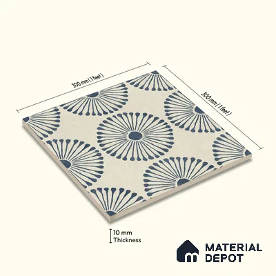 Moroccan Wall & Floor Highlighter 1 Tile TL 11190 Indigo Bloom 1 ft x 1 ft Ceramic Matte Finish Tile - 10 mm | Suitable For Kitchen, Bathroom, Balcony