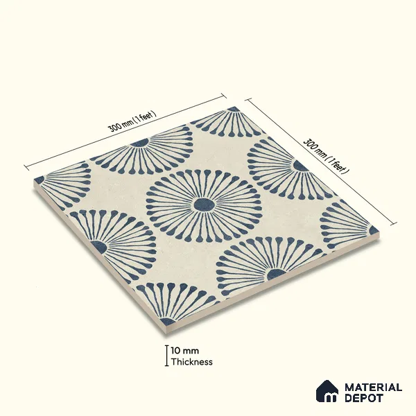 Moroccan Wall & Floor Highlighter 1 Tile TL 11190 Indigo Bloom 1 ft x 1 ft Ceramic Matte Finish Tile - 10 mm | Suitable For Kitchen, Bathroom, Balcony