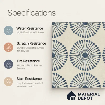 Moroccan Wall & Floor Highlighter 1 Tile TL 11190 Indigo Bloom 1 ft x 1 ft Ceramic Matte Finish Tile - 10 mm | Suitable For Kitchen, Bathroom, Balcony