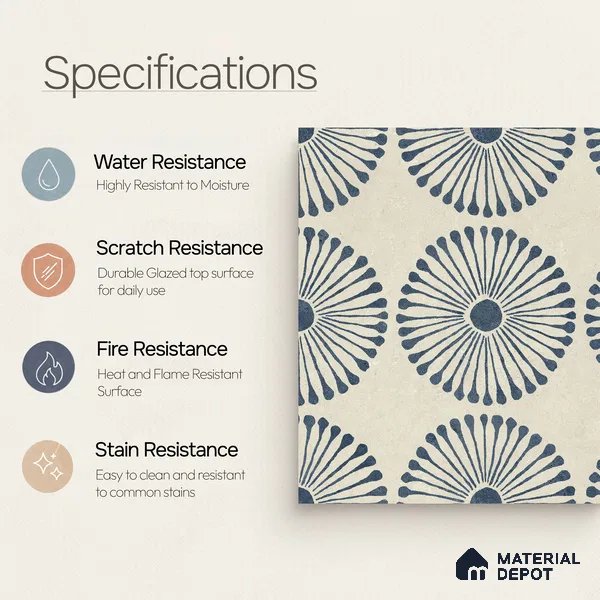 Moroccan Wall & Floor Highlighter 1 Tile TL 11190 Indigo Bloom 1 ft x 1 ft Ceramic Matte Finish Tile - 10 mm | Suitable For Kitchen, Bathroom, Balcony