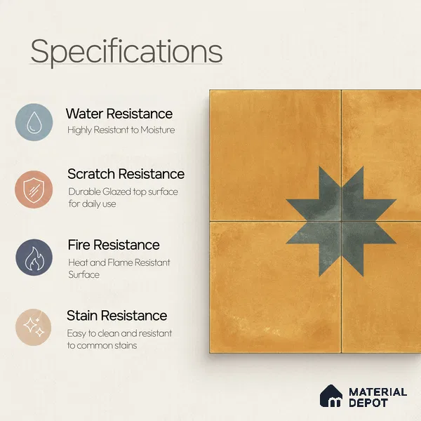 Moroccan Wall & Floor Center 3 Carpet Tile TL 11200 Mustard Star 1 ft x 1 ft Ceramic Matte Finish Tile - 10 mm | Suitable For Kitchen, Bathroom, Living Room