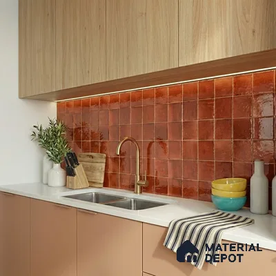 Modern bathroom walkthrough with terracotta glossy wall tiles and light wood floor tiles