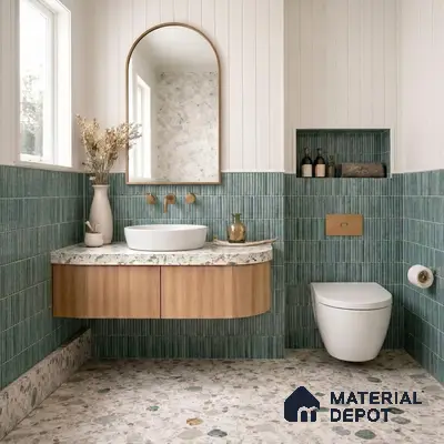 Scandinavian bathroom walkthrough with green vertical subway wall tiles and wooden floating vanity
