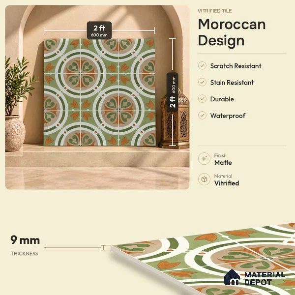 Moroccan Floor & Wall Tile TL 11381 B 6628 2 ft x 2 ft Matte Finish Porcelain Tile - 9 mm | Suitable For Kitchen, Accent/Feature Wall, Dining Area