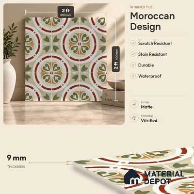 Moroccan Floor & Wall Tile TL 11381 6627 2 ft x 2 ft Matte Finish Porcelain Tile - 9 mm | Suitable For Kitchen, Accent/Feature Wall, Dining Area