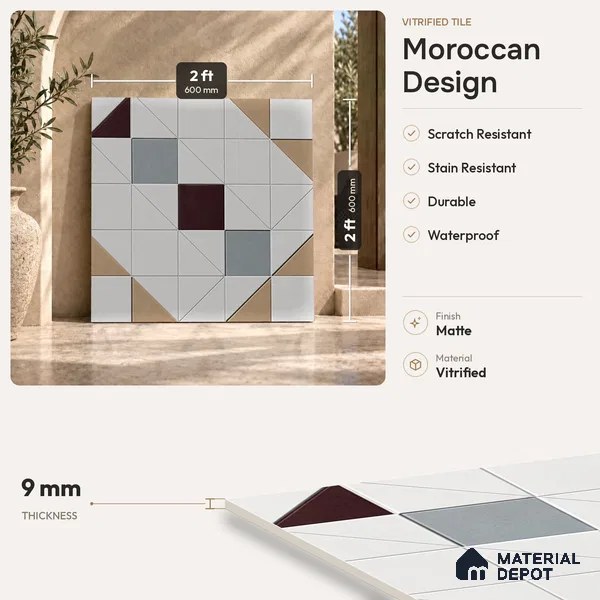 Moroccan Floor & Wall Tile TL 11383 6015 2 ft x 2 ft Matte Finish Porcelain Tile - 9 mm | Suitable For Kitchen, Balcony, Dining Area