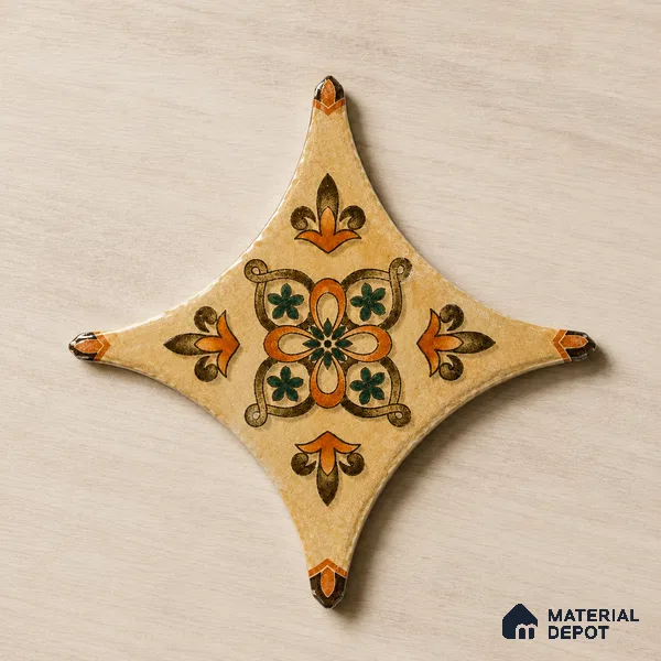 Floral Star Moroccan Floor & Wall Insert Tile TL 11427 I Cream 3 inch x 3 inch Matte Finish Porcelain Tile - 9 mm | Suitable For Balcony, Kitchen, Dining Area, Bedroom