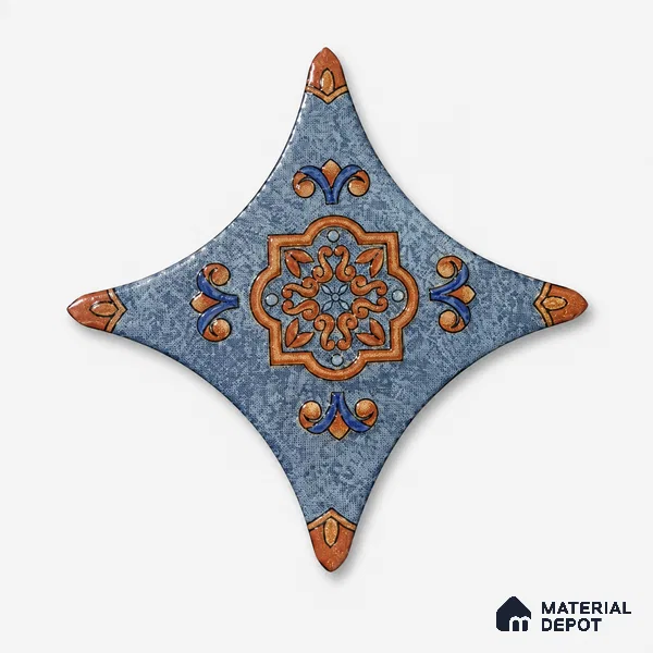 Floral Star Moroccan Floor & Wall Insert Tile TL 11427 J Blue Medallion 3 inch x 3 inch Matte Finish Porcelain Tile - 9 mm | Suitable For Balcony, Kitchen, Dining Area, Bedroom