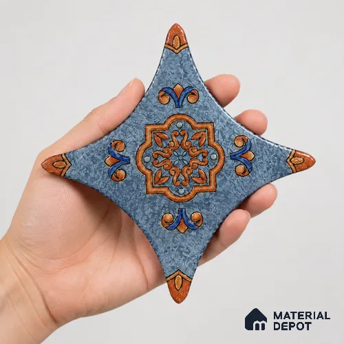 Floral Star Moroccan Floor & Wall Insert Tile TL 11427 J Blue Medallion 3 inch x 3 inch Matte Finish Porcelain Tile - 9 mm | Suitable For Balcony, Kitchen, Dining Area, Bedroom