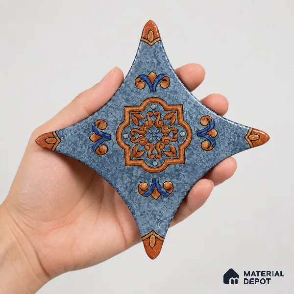 Floral Star Moroccan Floor & Wall Insert Tile TL 11427 J Blue Medallion 3 inch x 3 inch Matte Finish Porcelain Tile - 9 mm | Suitable For Balcony, Kitchen, Dining Area, Bedroom