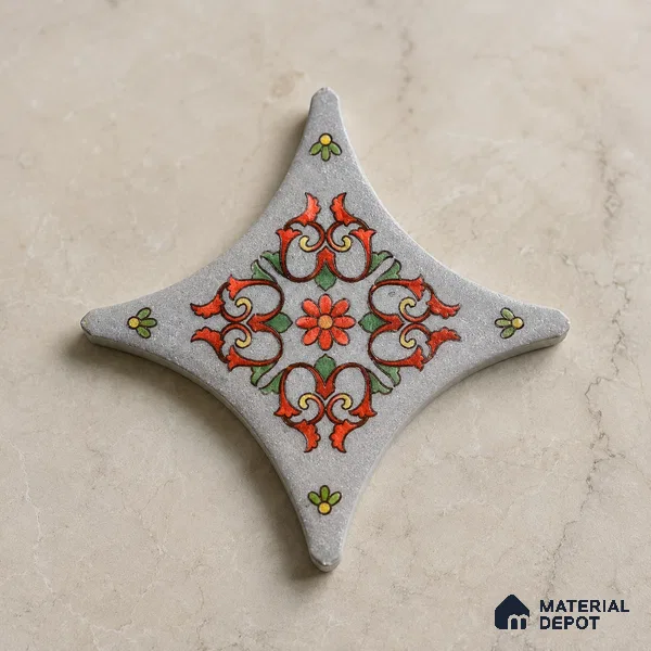 Floral Star Moroccan Floor & Wall Insert Tile TL 11427 K Grey Floral Insert 3 inch x 3 inch Matte Finish Porcelain Tile - 9 mm | Suitable For Balcony, Kitchen, Dining Area, Bedroom
