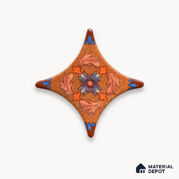 Floral Star Moroccan Floor & Wall Insert Tile TL 11427 L Rust Cotto Floral Insert 3 inch x 3 inch Matte Finish Porcelain Tile - 9 mm | Suitable For Balcony, Kitchen, Dining Area, Bedroom