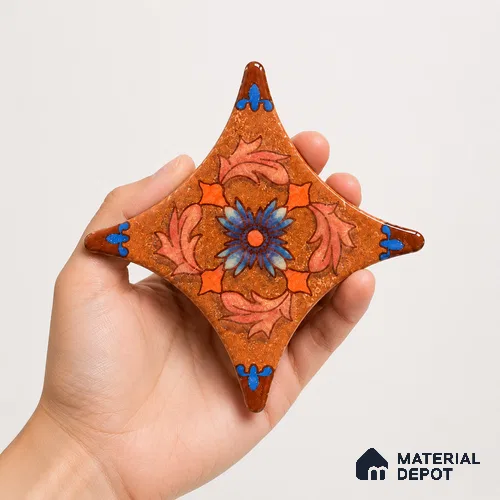 Floral Star Moroccan Floor & Wall Insert Tile TL 11427 L Rust Cotto Floral Insert 3 inch x 3 inch Matte Finish Porcelain Tile - 9 mm | Suitable For Balcony, Kitchen, Dining Area, Bedroom