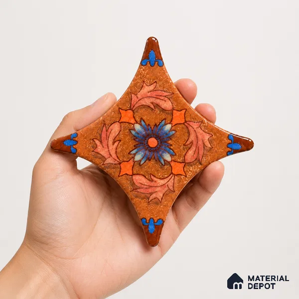 Floral Star Moroccan Floor & Wall Insert Tile TL 11427 L Rust Cotto Floral Insert 3 inch x 3 inch Matte Finish Porcelain Tile - 9 mm | Suitable For Balcony, Kitchen, Dining Area, Bedroom