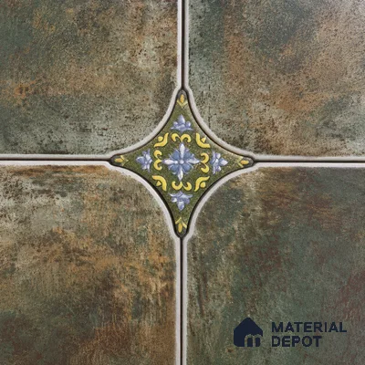 Floral Star Moroccan Floor & Wall Insert Tile TL 11427 M Green Floral Insert 3 inch x 3 inch Matte Finish Porcelain Tile - 9 mm | Suitable For Balcony, Kitchen, Dining Area, Bedroom