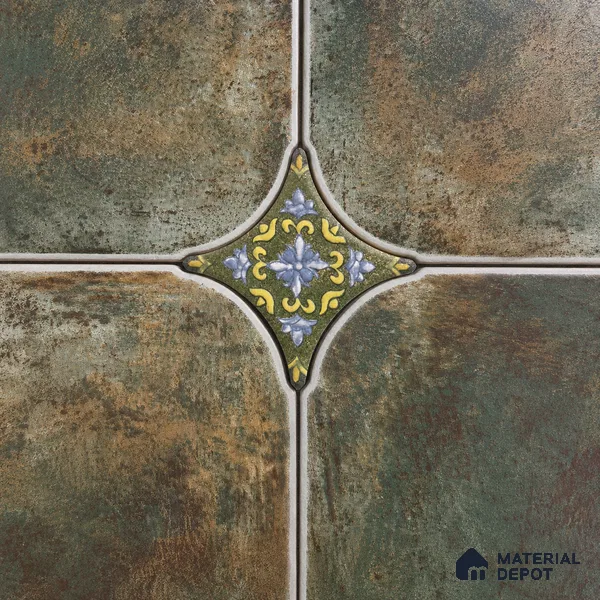 Floral Star Moroccan Floor & Wall Insert Tile TL 11427 M Green Floral Insert 3 inch x 3 inch Matte Finish Porcelain Tile - 9 mm | Suitable For Balcony, Kitchen, Dining Area, Bedroom