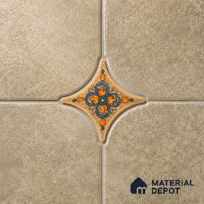 Floral Star Moroccan Floor & Wall Insert Tile TL 11427 N Orange & Blue Floral Insert 3 inch x 3 inch Matte Finish Porcelain Tile - 9 mm | Suitable For Balcony, Kitchen, Dining Area, Bedroom