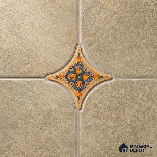 Floral Star Moroccan Floor & Wall Insert Tile TL 11427 N Orange & Blue Floral Insert 3 inch x 3 inch Matte Finish Porcelain Tile - 9 mm | Suitable For Balcony, Kitchen, Dining Area, Bedroom