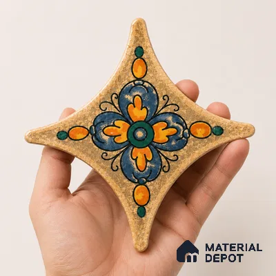 Floral Star Moroccan Floor & Wall Insert Tile TL 11427 N Orange & Blue Floral Insert 3 inch x 3 inch Matte Finish Porcelain Tile - 9 mm | Suitable For Balcony, Kitchen, Dining Area, Bedroom