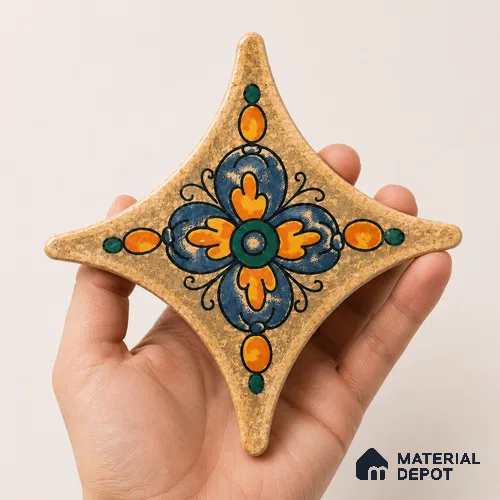 Floral Star Moroccan Floor & Wall Insert Tile TL 11427 N Orange & Blue Floral Insert 3 inch x 3 inch Matte Finish Porcelain Tile - 9 mm | Suitable For Balcony, Kitchen, Dining Area, Bedroom