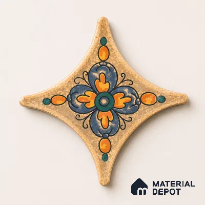 Floral Star Moroccan Floor & Wall Insert Tile TL 11427 N Orange & Blue Floral Insert 3 inch x 3 inch Matte Finish Porcelain Tile - 9 mm | Suitable For Balcony, Kitchen, Dining Area, Bedroom