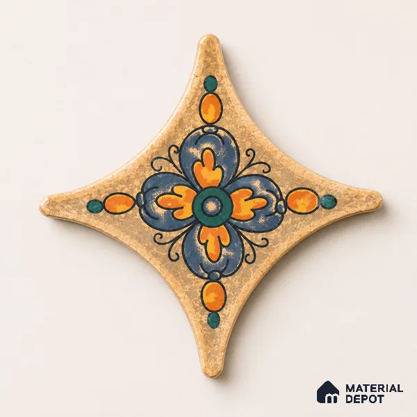 Floral Star Moroccan Floor & Wall Insert Tile TL 11427 N Orange & Blue Floral Insert 3 inch x 3 inch Matte Finish Porcelain Tile - 9 mm | Suitable For Balcony, Kitchen, Dining Area, Bedroom
