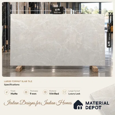 Large Formate Marble Floor & Wall Tile TL 11465 B Astra Cotton Grey 6 ft x 4 ft Vitrified Lush Finish - 9 mm | 4 Random Design | Suitable for Living Room, Bedroom, Dining & Office
