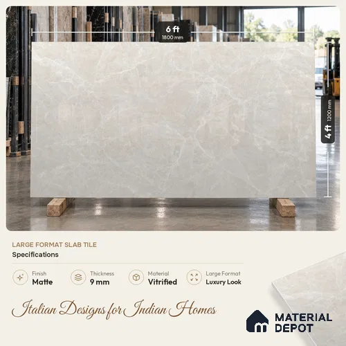 Large Formate Marble Floor & Wall Tile TL 11465 B Astra Cotton Grey 6 ft x 4 ft Vitrified Lush Finish - 9 mm | 4 Random Design | Suitable for Living Room, Bedroom, Dining & Office