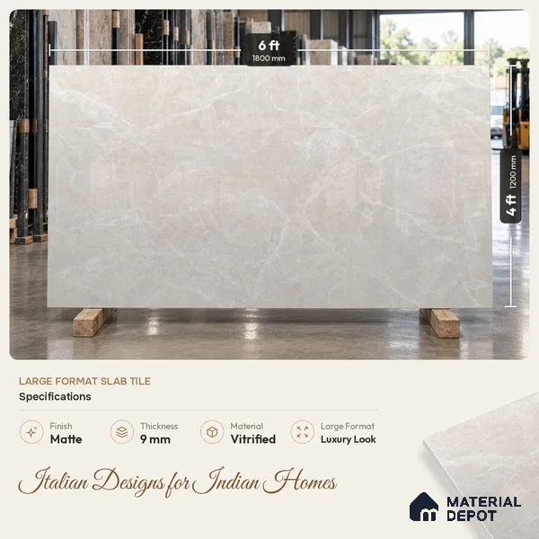 Large Formate Marble Floor & Wall Tile TL 11465 B Astra Cotton Grey 6 ft x 4 ft Vitrified Lush Finish - 9 mm | 4 Random Design | Suitable for Living Room, Bedroom, Dining & Office