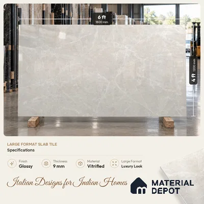 Large Formate Marble Floor & Wall Tile TL 11465 Astra Cotton Grey 6 ft x 4 ft Vitrified Glossy Finish - 9 mm | 4 Random Design | Suitable for Living Room, Bedroom, Dining & Office
