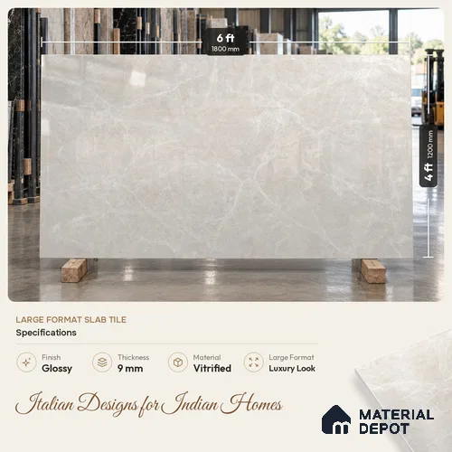 Large Formate Marble Floor & Wall Tile TL 11465 Astra Cotton Grey 6 ft x 4 ft Vitrified Glossy Finish - 9 mm | 4 Random Design | Suitable for Living Room, Bedroom, Dining & Office