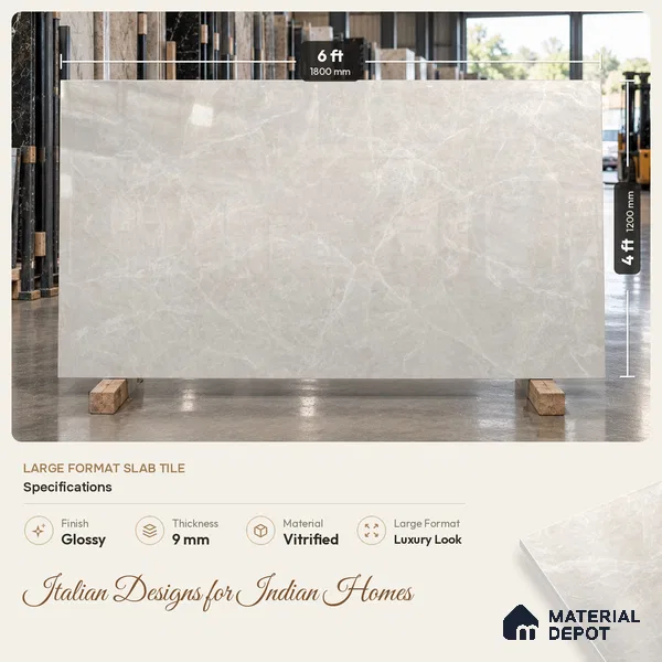 Large Formate Marble Floor & Wall Tile TL 11465 Astra Cotton Grey 6 ft x 4 ft Vitrified Glossy Finish - 9 mm | 4 Random Design | Suitable for Living Room, Bedroom, Dining & Office
