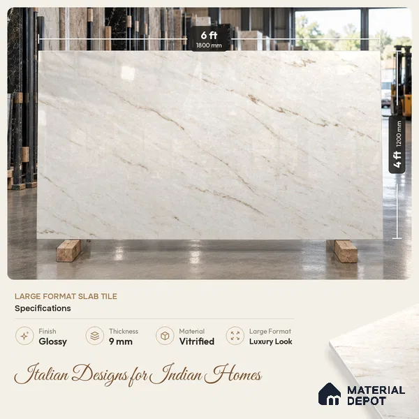 Large Format Marble Floor & Wall Tile TL 11471 Ferior Pale Sisal 6 ft x 4 ft Vitrified Glossy Finish - 9 mm | 4 Random Design | Suitable for Living Room, Bedroom, Dining & Office | Adhesive and Spacers Must be Used During Installation