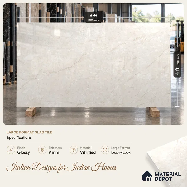 Marble Wall & Floor Tile TL 11473 Ivory 6 ft x 4 ft Glossy Finish Vitrified Tile - 9 mm | 4 Random Designs | Suitable For Living Room, Bedroom, Bathroom