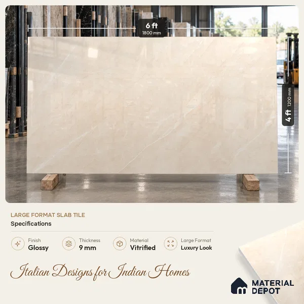 Large Format Marble Floor & Wall Tile TL 11476 Neo Armani Crema 6 ft x 4 ft Vitrified Glossy Finish - 9 mm | 4 Random Design | Suitable for Living Room, Bedroom, Dining & Office | Adhesive and Spacers Must be Used During Installation