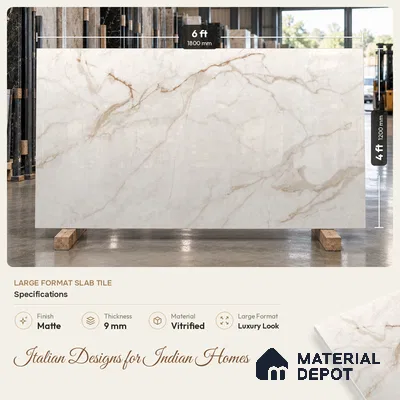 Large Formate Marble Floor & Wall Tile TL 11477 B Nova Calacatta 6 ft x 4 ft Vitrified Lush Finish - 9 mm | 6 Random Design | Suitable for Living Room, Bedroom, Dining & Office